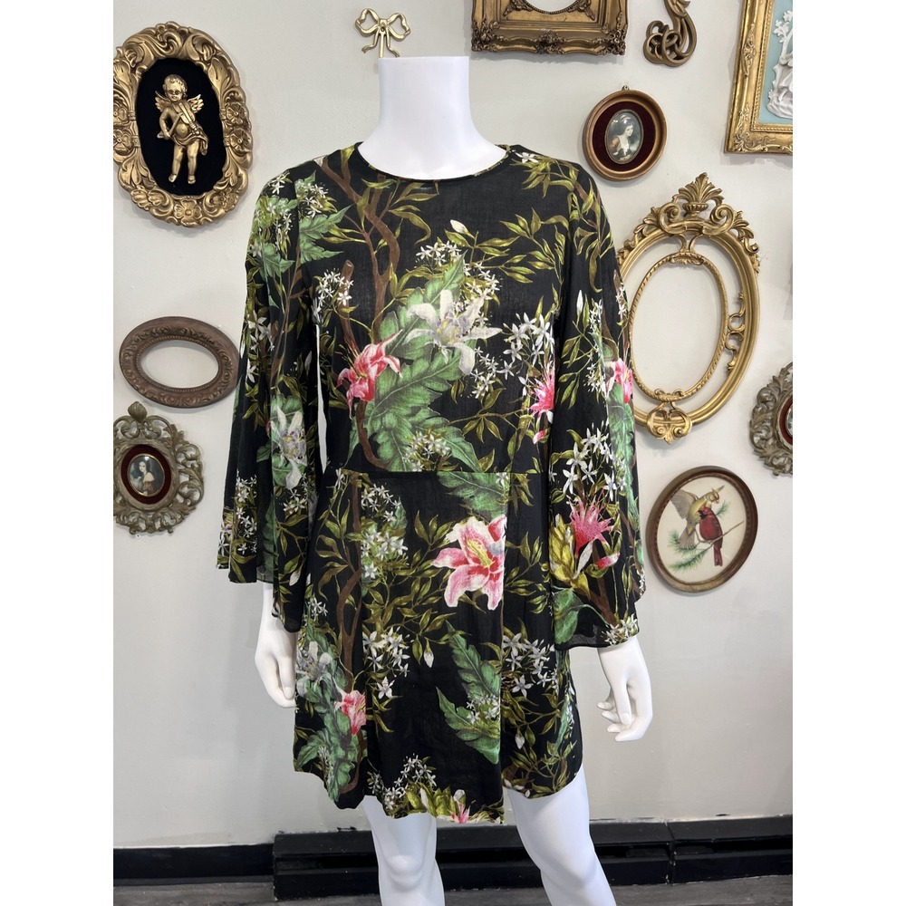 Isabel Marant Etoile Black Botanical Floral Bell Sleeve Mini Dress Womens Medium